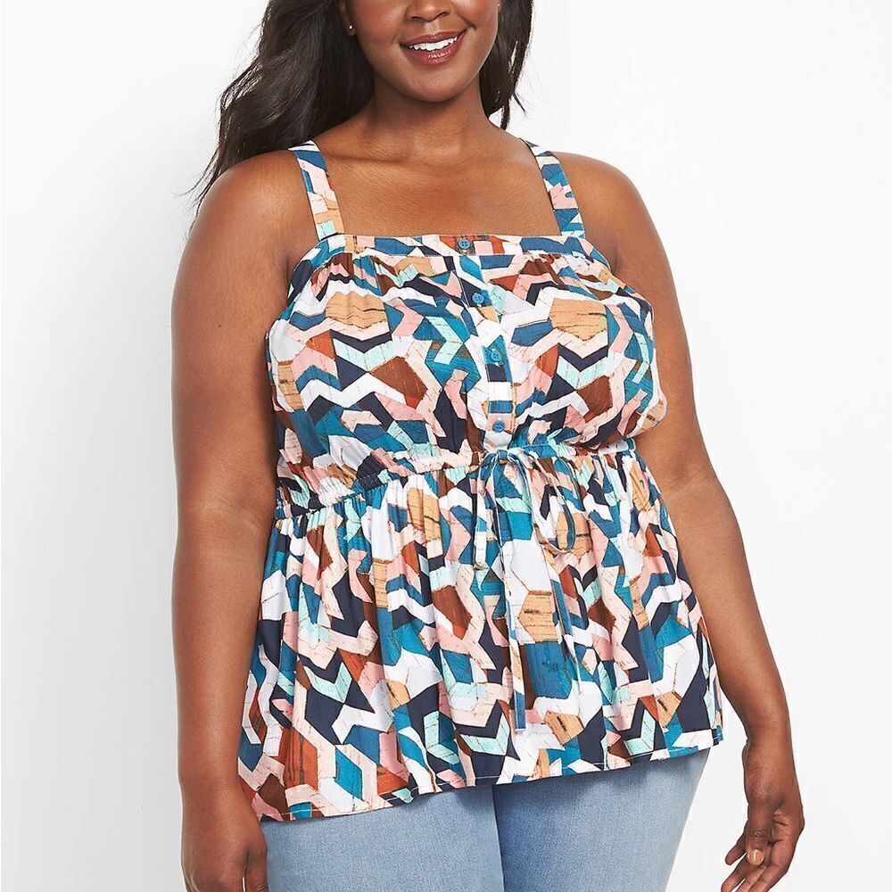 Lane Bryant Sleeveless CrossBack Button front Geo print multi color halter- Sz18